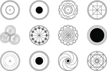 Geometric circular ornaments and mandala style line art set, abstract radial symbols collection for logo design, decorative backgrounds and creative vector projects