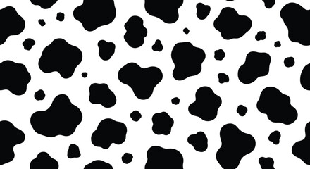 Cow print seamless pattern background, black and white abstract dairy animal skin texture isolated on white backdrop vector illustration design