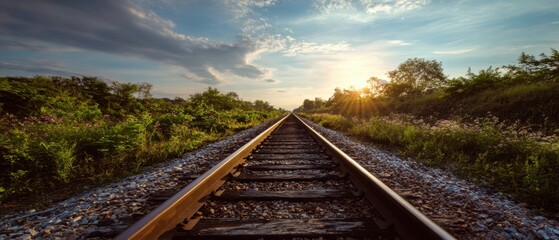 Obraz premium The Railroad Tracks Leading Toward a Golden Sunset Over Lush Countryside and Sky