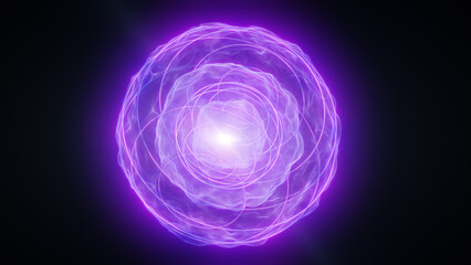 Glowing purple energy orb with swirling orbit lines and radiant core flare, futuristic digital technology abstraction on dark background © Bolbik