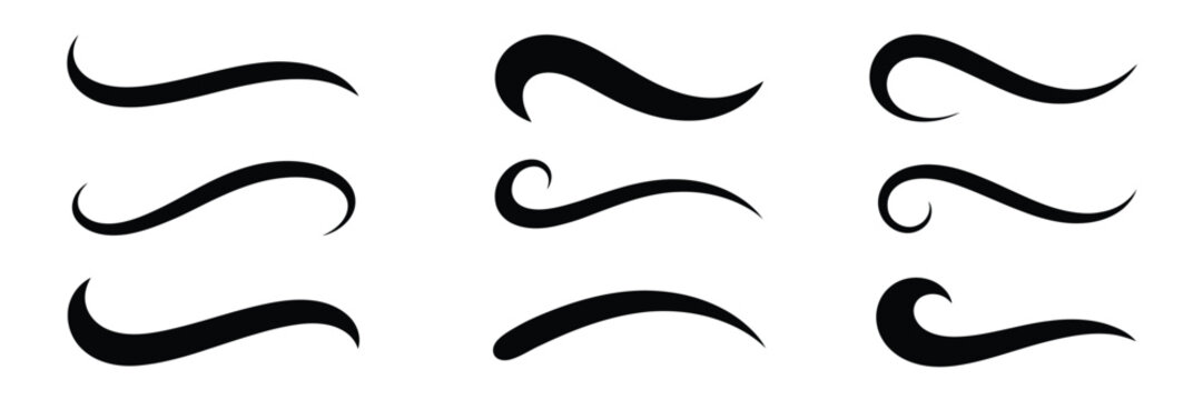 Swoosh and swash tails collection, featuring retro sports underline shapes, baseball text tails, and vector swooshes isolated on white background.