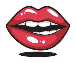 Obraz premium Cartoon illustration of a woman's mouth with vibrant red lips and white teeth