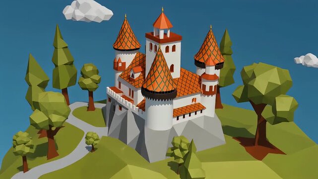 Low Poly Fantasy Castle Amidst Green Hills and Trees