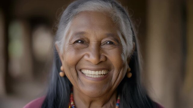 Close-up portrait of a smiling elderly indigenous woman with long grey hair and colorful beaded jewelry.