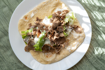 Close-Up of Gyros Meat Wrap Traditional Turkish and Greek Style