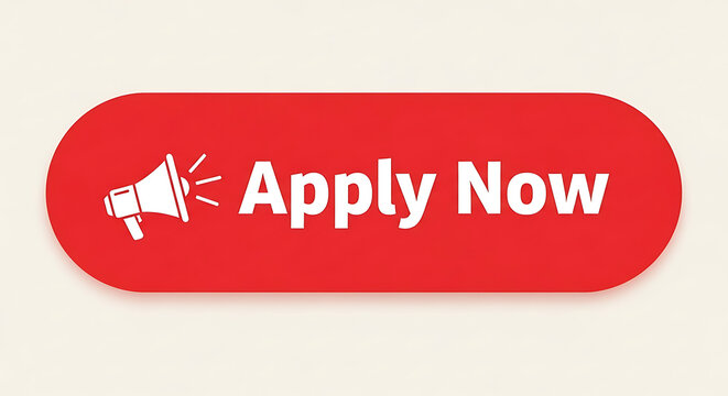 Red apply now button with megaphone on colored background