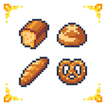 A set of pixel art bakery icons: bread loaf, baguette, pretzel, and bun. Ideal for RPG food inventory, survival health recovery, and cooking mechanics.