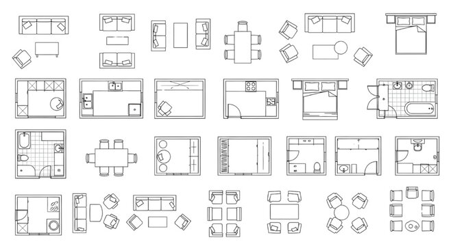 Furniture Outline Top View Icons Set for Floor Plan and Interior Design Layout | set of vector icons of houses
