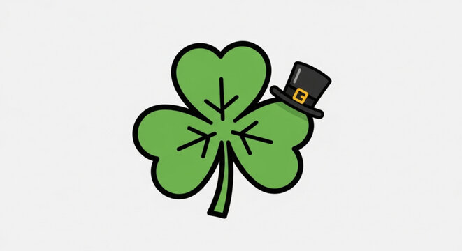 Lucky four leaf clover wearing a black top hat with gold buckle on white background for st patrick's day