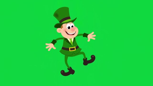 A dancing cartoon leprechaun on green screen for chroma key animation in st patrick's day videos