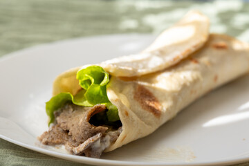 Close-Up of Gyros Meat Wrap Traditional Turkish and Greek Style
