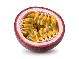 Juicy Passion Fruit Half with Seeds and Pulp on White Background