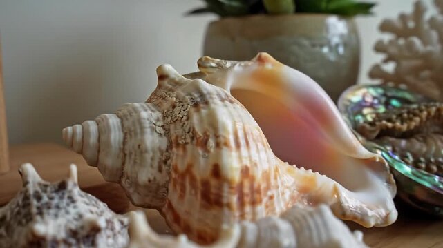 Assortment of Seashells and Coral on a Wooden Shelf