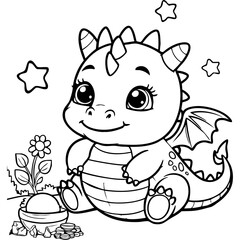 Fototapeta premium Smiling Baby Dragon with Coins and Magic Orb Coloring Page