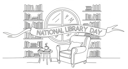 Sketch of a cluttered study room with books and furniture. © huda