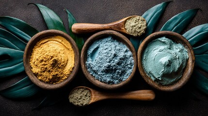Bowls of colorful cosmetic clay powders, wooden spoons, and leaves against a dark backdrop