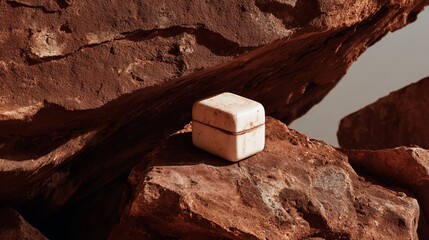 A small, aged box rests on rough, red rocks, suggesting a remote, arid landscape