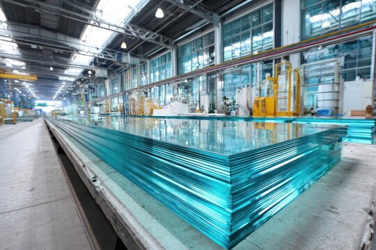 Clear float glass sheets in factory storage