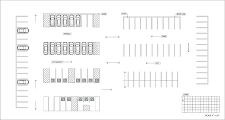 Parking lot layout top view blueprint with marked spaces, traffic arrows and accessible parking zones, vector architectural plan isolated on white background © MdMurad
