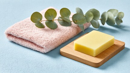 Spa scene with a towel, soap, eucalyptus on blue. A peaceful, minimalist wellness setup