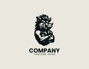 Fototapeta premium Angry wild boar mascot with crossed arms black vector logo illustration