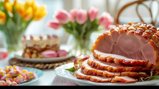 Festive spring Easter dinner table setting featuring a delicious glazed sliced ham beautiful pink tulips and sweet treats for family holiday gathering