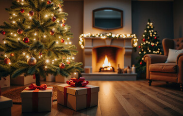 Naklejka premium Christmas Living Room Interior – Glowing Tree with Fireplace and Gifts for Holiday Decor, Festive Backgrounds, and Seasonal Marketing
