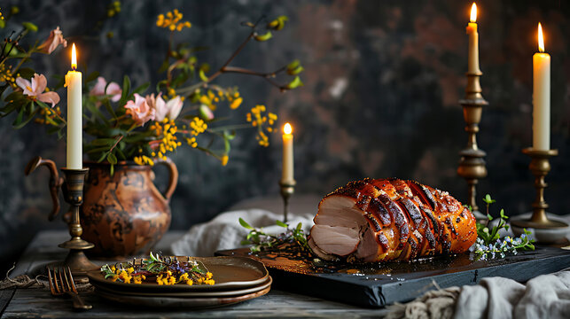 Moody rustic Easter dinner setting with delicious glazed roasted ham vintage brass candlesticks and spring flowers for elegant dark culinary backdrop