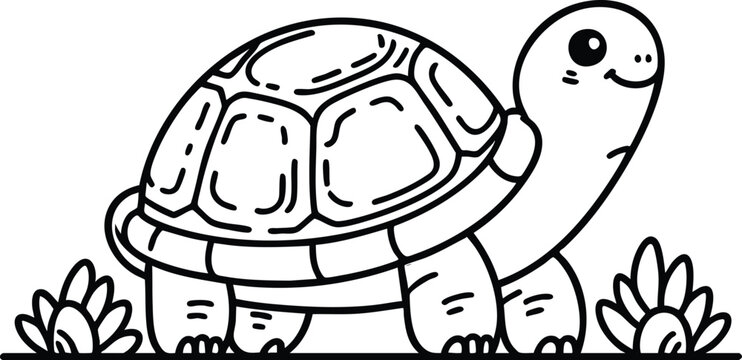 Cute cartoon turtle illustration simple line art drawing for childrens books and educational materials isolated on white