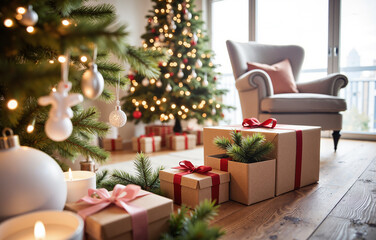 Naklejka premium Christmas Living Room Interior – Glowing Tree with Fireplace and Gifts for Holiday Decor, Festive Backgrounds, and Seasonal Marketing