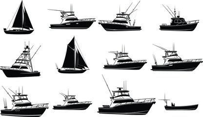 Set of nautical boat and yacht silhouettes black vector illustrations, fishing vessels and sailing ships for maritime design and ocean travel, © Boby