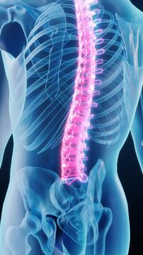 Sciatica, sciatica caused by herniated disc, obstruction of nerve conduction in the lower limbs, aggravated pain in the legs and lower back, spine highlight display, X-ray, 3D animation. Vertical.
