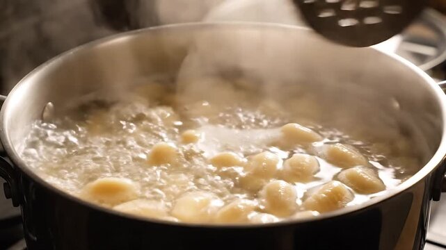 Boiling gnocchi in a stainless steel pot, capturing the process of cooking these delightful Italian dumplings. Bubbles rise vigorously from the bottom, and a skimmer is poised to scoop them out