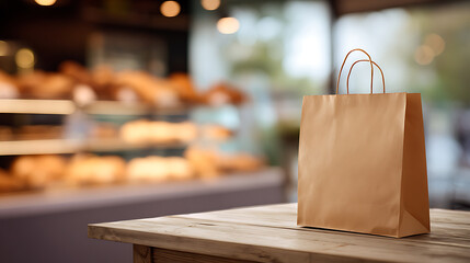 Paper bag on counter in bakery or cafe, blurred background with fresh bread, concept of takeaway food, packaging, small business and eco-friendly products.
