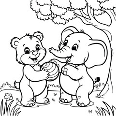Naklejka premium Friendly Bear and Elephant Playing Together in the Forest