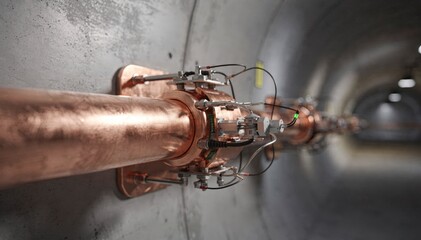 Fototapeta premium Medium shot of copper cable sheath in a tunnel environment sensor components in focus contrasting with smoothly diffused tunnel walls and lighting.