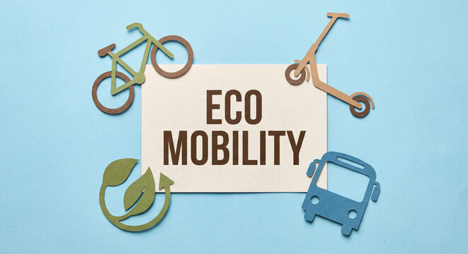 Eco mobility sustainable urban transportation options including bicycle scooter and public bus for green city commuting and environmental travel