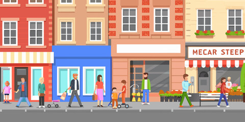 A bustling city street scene with people and colorful storefronts © Pabitra