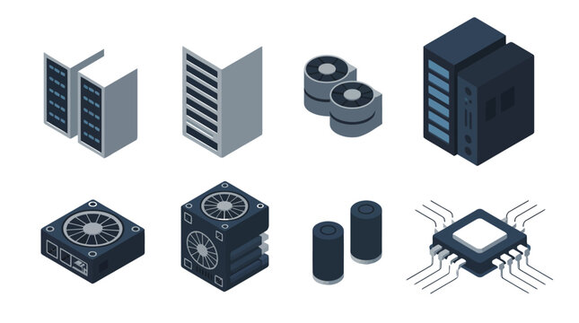 Isometric icons of various server and computer components, including server racks, cooling fans, hard drives, and a central processing unit (CPU) chip for data center and IT infrastructure.