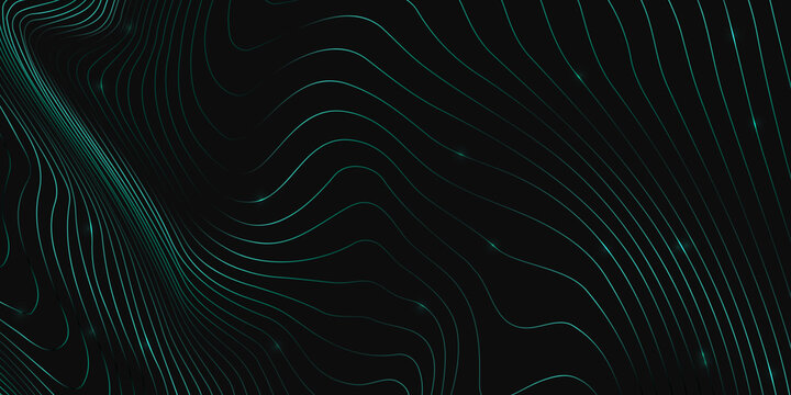 Dark flowing contour lines. Abstract digital landscape for AI and data science visuals. Abstract background. Copy space