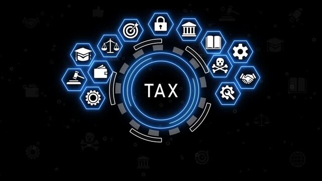 Businessman holding a computer tablet display projecting a tax concept.. isolated on transparent..