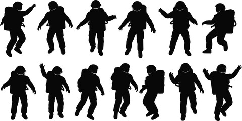  Black silhouette of astronauts set, vector collection of spaceman figures in different poses, floating people in space suits, isolated on white. © Boby