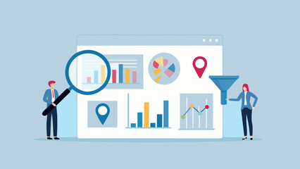 Fototapeta premium Data analysis and business intelligence visualized with miniature figures