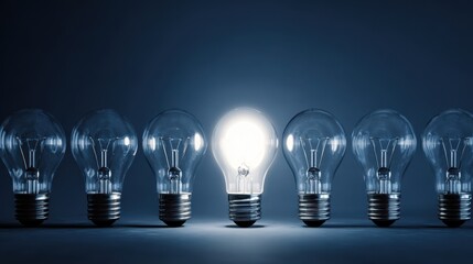 The Light Bulb Standing Out Brightly Among Dim Unlit Bulbs on Dark Surface