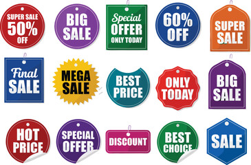 Obraz premium Colorful sale tags and discount badges collection featuring super sale, special offer and best price labels in flat vector style isolated on white