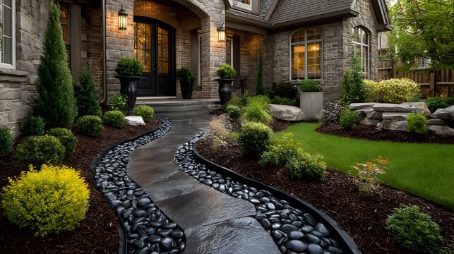 Beautifully landscaped front yard featuring an elegant curved pathway of polished black river stones bordering rich brown mulch and plants.