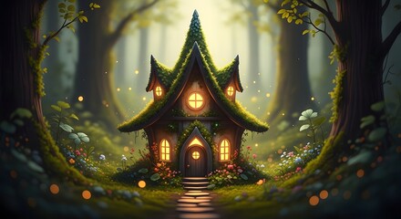 Fototapeta premium St patrick's day whimsical irish cottage in enchanted forest with shamrocks and leprechaun gold