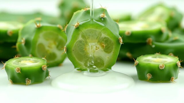 Honey Pouring On Cactus Fruit Pieces Displaying Vibrant Green Color and White Background For Food And Drink Related