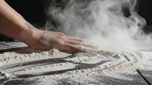 Baker hands dusting flour on wooden table, close-up shot