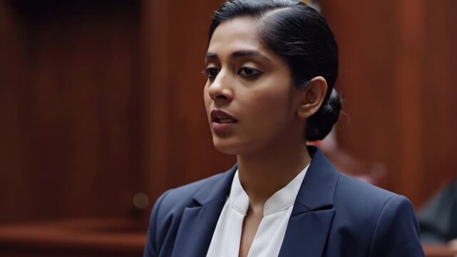 Woman speaking confidently in courtroom setting, expressing arguments before a judge. Concept of legal proceedings, justice system, or professional advocacy.